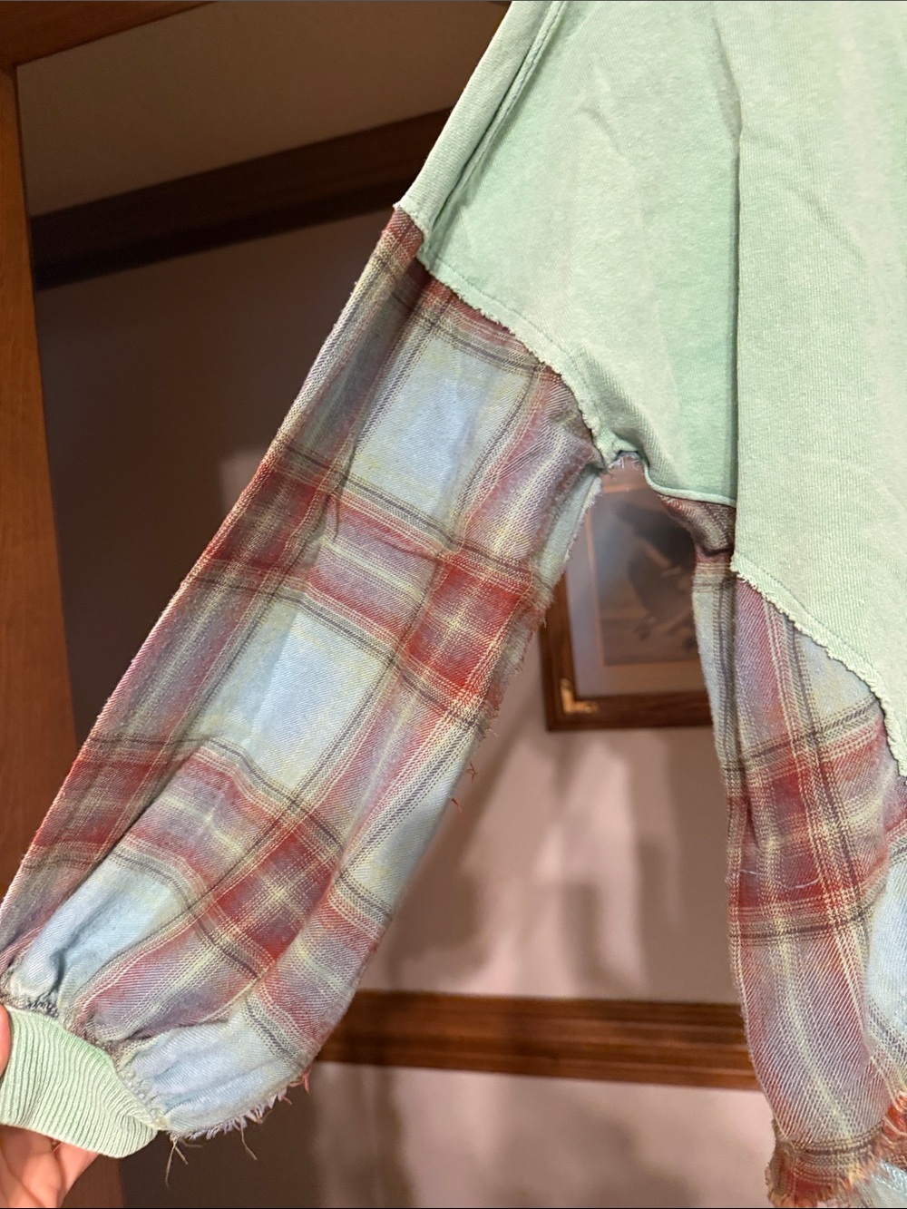 We The Free Mint Green Pullover with Plaid Sleeve Panels - Picture 4 of 6